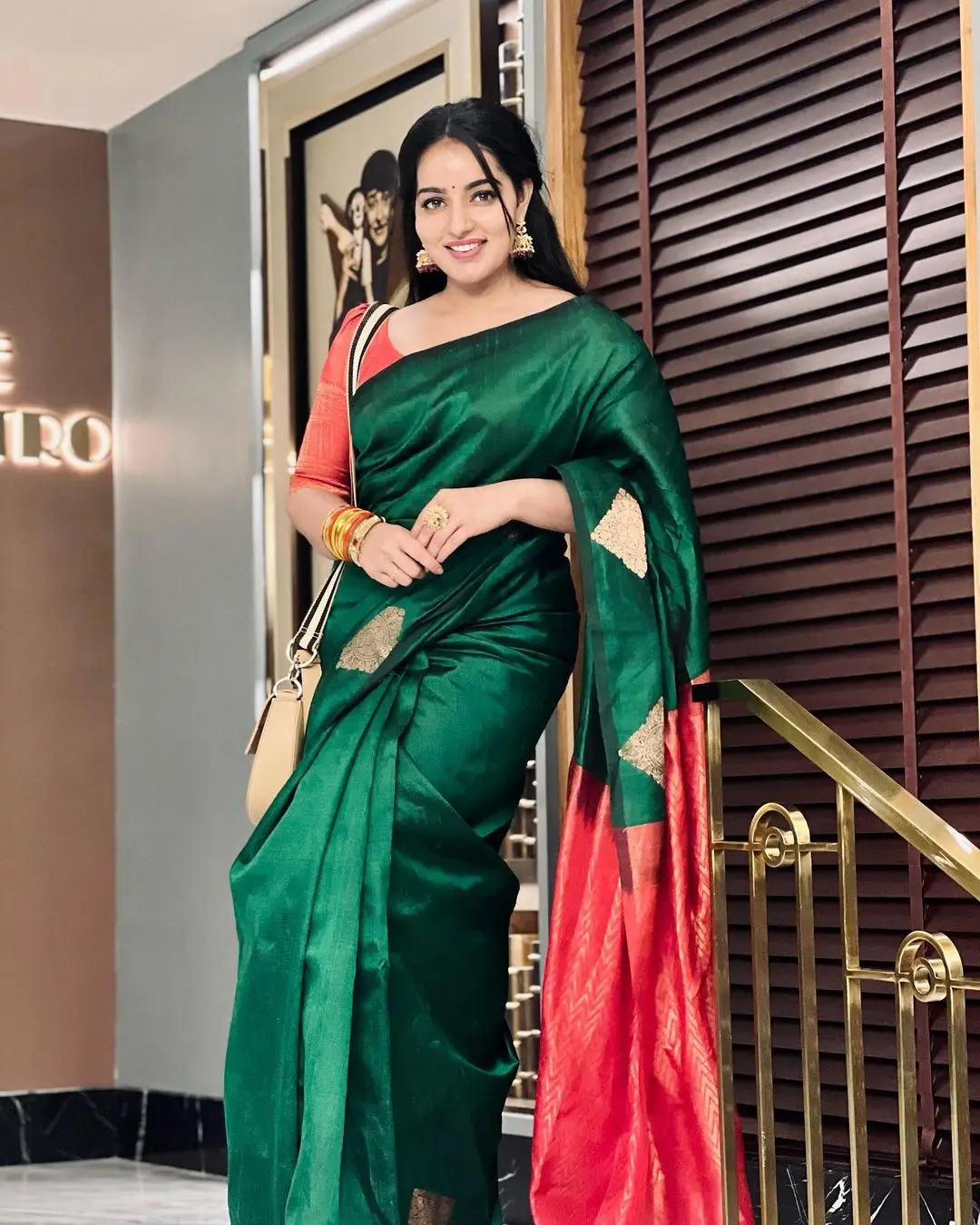 Malayalam Girl Malavika Menon In Green Saree Red Blouse